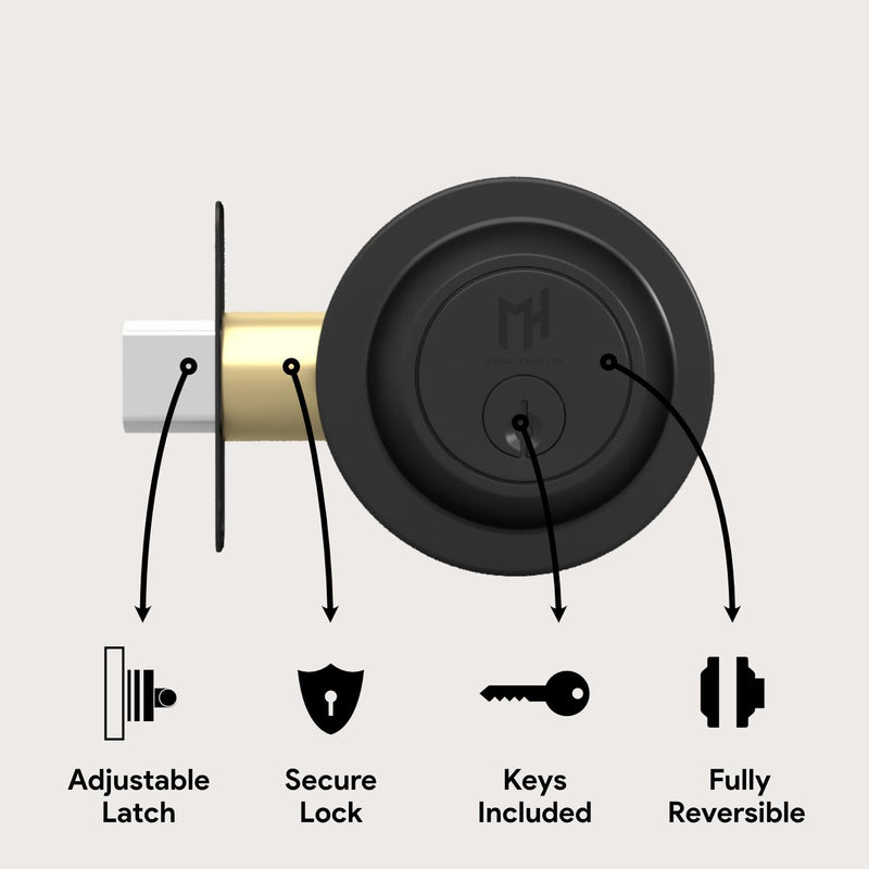 Mega Handles - Ronn Entrance Deadbolt I Deadbolt for Entry Lever Door Handle - Heavy Duty Round Lock for Left or Right-Handed Doors - Interior/Exterior - Matte Black 1