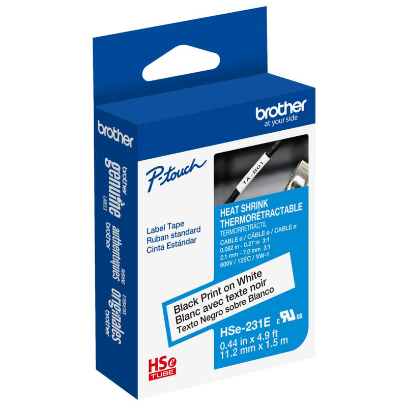 Brother HSe231E ~1/2in (11.2mm) Black on White Heat Shrink Tube, 3:1 Electrical Shrink Wrap Labeling Tape for AWG 8-18, 4.9 ft (1.5m) Cassette for P-Touch Industrial Heat Shrink Label Printers New Packaging