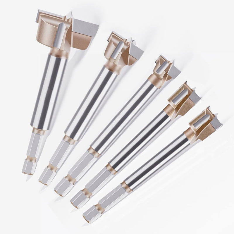 5 PCS Forstner Drill Bit Set, Professional Hexagonal Shank Woodworking Hinge Boring Bit Tungsten Carbide Blade Three-Tooth Double Blade Design Multiple Sizes(10mm, 12mm, 15mm, 20mm, 35mm) Brown