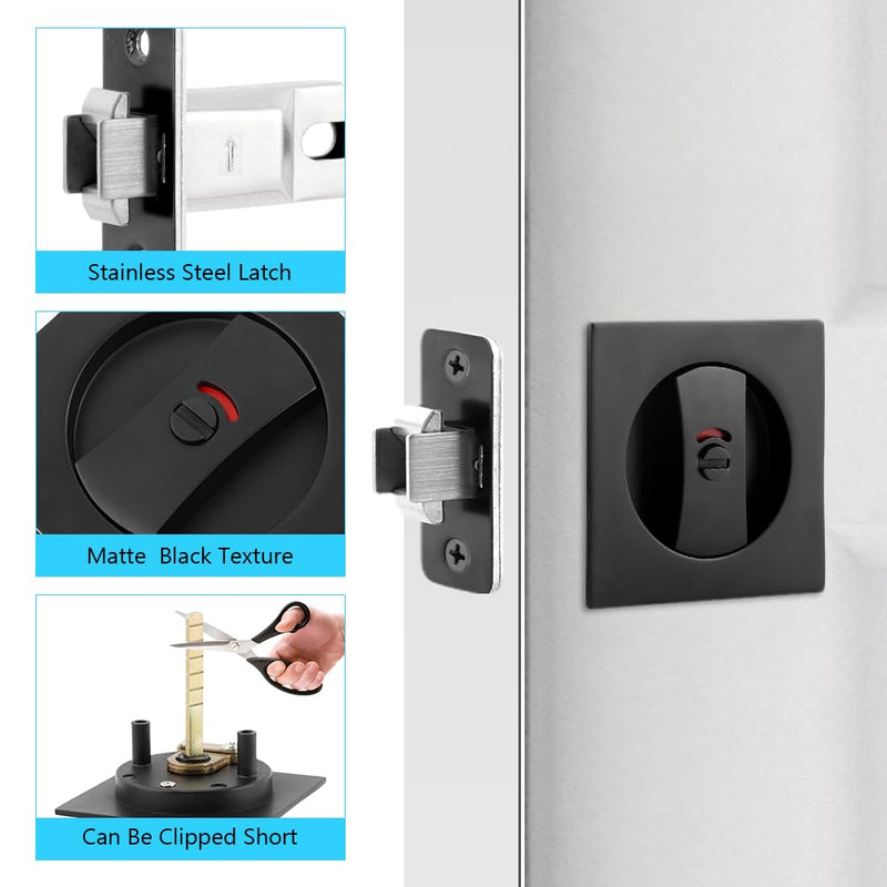 Pocket Door Hardware,Black Privacy Square Pockets Doors Lock, Pocke t Doo r Latch,Matte Black Contemporary Pocket Doors with Privacy Lock,Sliding Door Lock,1 Pack