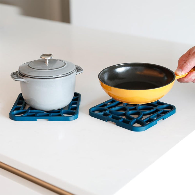 Capabunga 2-Pack Trivets for Hot Dishes - Blue Interlocking Hot Pads for Kitchen, Coffee Bar Essentials, Silicone Mats for Kitchen Counter, Heat Resistant Silicone Trivets for Pots and Pans
