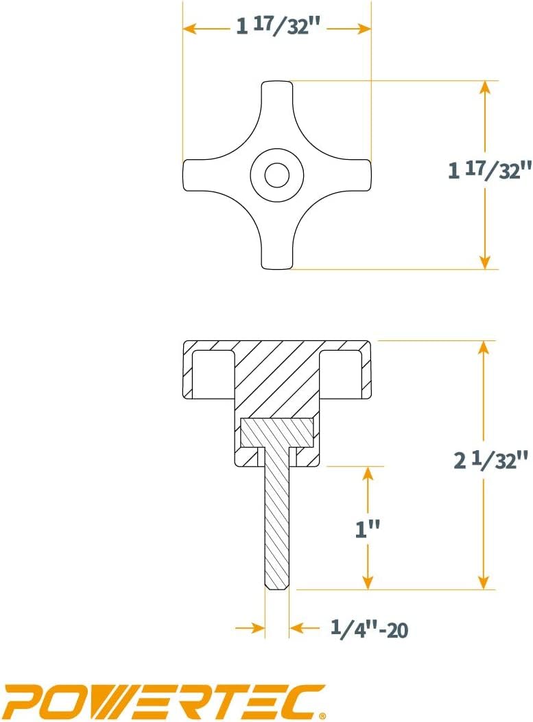 POWERTEC QNB3008-P2 4-Point Stud Knobs, 1/4"-20 Threaded Thumb Screw Star Knob with 1" Stud, 10 PK