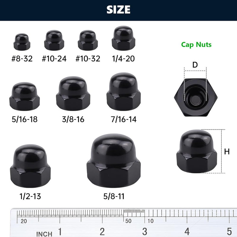 #8-32 (50 Pack) Stainless Steel Cap Nuts, Acorn Cap Dome Head Nuts US Standard, Stainless Steel 304 (18-8), UNC Coarse Thread, Black Coated #8-32 50