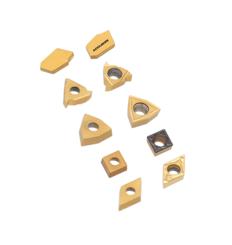 Accusize Industrial Tools 2 Pc of Each Kind of Carbide Inserts for 2988-0038, CVD Coated and Tin Coated, Total 10 Pieces, 2988-0038Inserts | 2 Each of 11ER, GTN-2, WCMT2.52, CCMT21.5, and DCMT21.5; TiN and CVD Coated for Steel, 2988-0038INSERTS