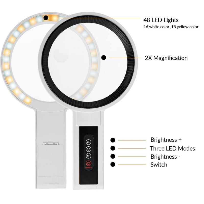 Lighted Magnifier, 2.5X/4.5X Magnifying Glass with 48 LEDs, Adjustable Brightness, 2 Color Modes, Handheld & Desk Stand for Reading, Crafts & Close Work
