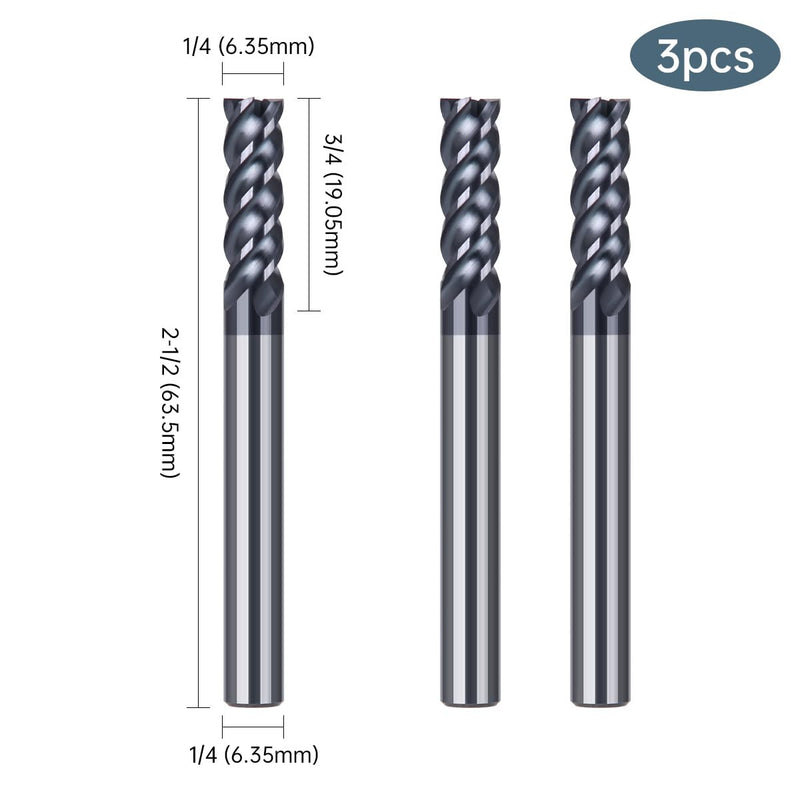 HUHAO Square End Mill(3Pcs),4 Flute Variable Straight Milling Cutter 1/4" Shank End Mill for Carbon Steel,Prehardened Steel,Stainless Steels,Carbide End Mills Sets for DIYers & Professionals 3 1/4" 3 pcs
