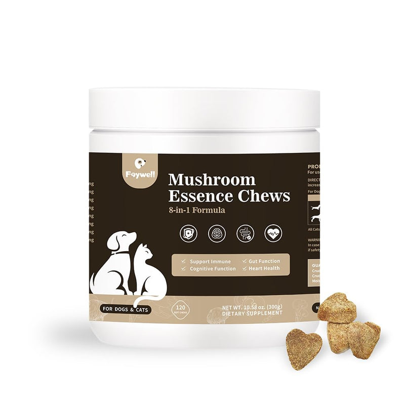 Mushroom Essence Chews Supplement for Dogs & Cats, 8-in-1 Formula for Immune, Cognitive and Heart Function, 120ct/300g
