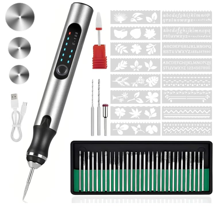 Electric Engraving Pen with 37 Bits, USB Rechargeable Cordless Etching Engraving Tool, Portable DIY Rotary Engraver for Jewelry Wood Glass Stone Carving (Silver) Silver