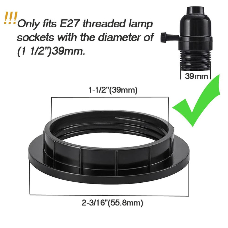 4PCS E26 Light Socket Shade Rings Collar Rings, 2 Assorted Size Lamp Shade Rings 34mm 39mm Inner Diameter, Black Threaded Reducer 1-3/8 Inches and 1-1/2 Inch