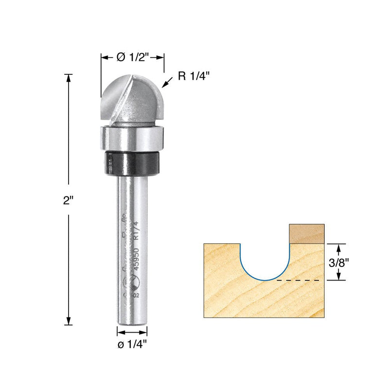 Amana Tool - 45950 Carbide Tipped Core Box 1/4 Radius x 1/2 Dia x 3/8 x 1/4" Shank wit