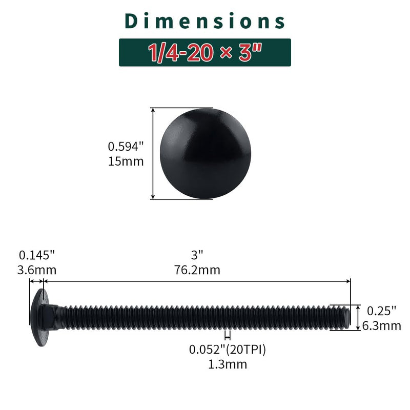1/4-20 x 3 Black Carriage Bolts with Nuts and Washers Kits (10 Sets), 304 Stainless Steel 18/8, Black Finish, Round Head, Square Neck, Heavy Duty Bolts, Indoor Outdoor Fastening Bolts, Fayeploo 1/4-20 x 3"