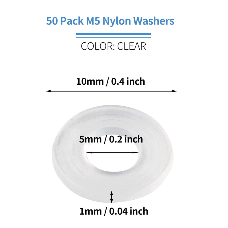 50 Pack M5 Nylon Washers Clear Flat Washer, 5mm ID 10mm OD 1mm Thickness Faucet Plastic Gasket, Metric Transparent Gasket Sealing Washer Spacer Flat Hose Washer for Water Pipe Water Hose M5x10mmx1mm 50