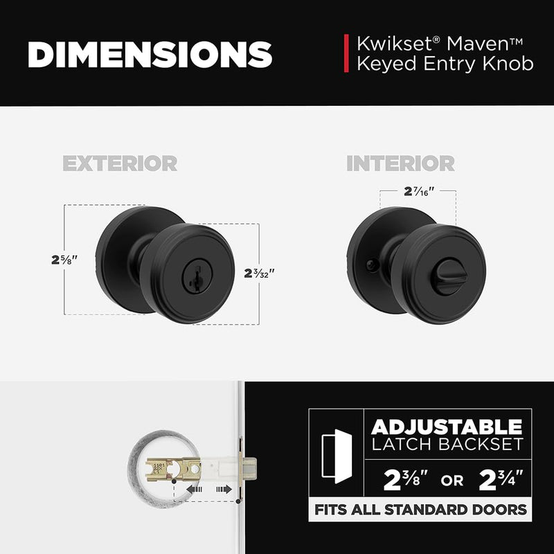 Kwikset Maven Entry Door Knob with Lock and Key, Secure Keyed Handle Exterior, Front Entrance and Bedroom, Matte Black, Pick Resistant SmartKey Rekey Security and Microban 1 Pack Keyed Entry