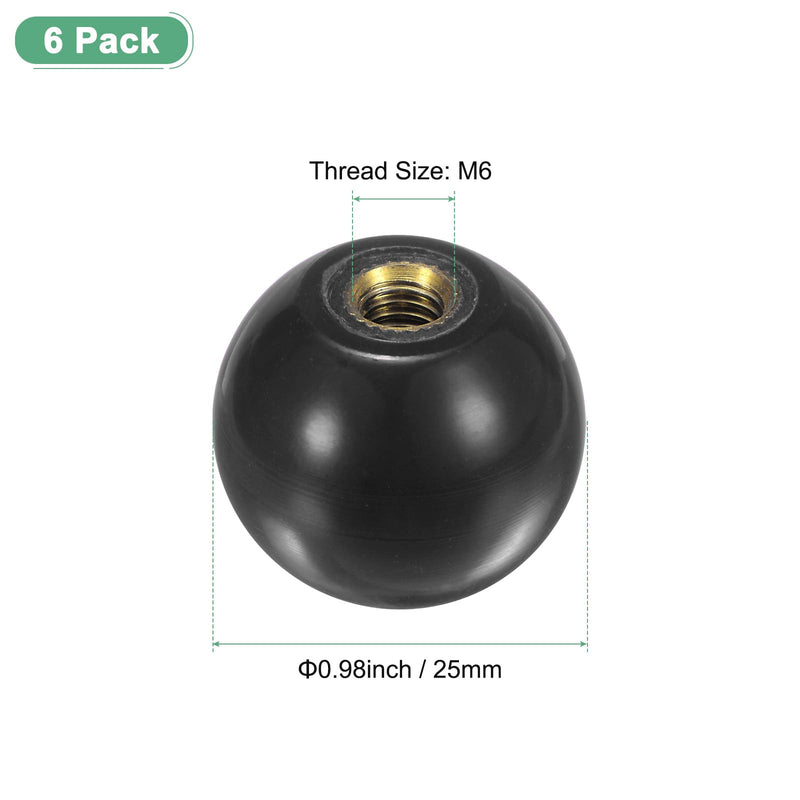 6-Pack Threaded Ball Knobs, M6 Female Thread 25mm Dia. Thermoset Ball Knob for Lathe/Machine/Lawn Mowers, Round Phenolic Brass Insert Lever Handle [Black] M6x25mm Black
