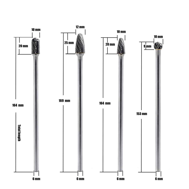 4Pcs 6mm Carbide Burr Set, 6" Long Shank Rotary File | 4pcs 6mm tungsten carbide rotary burrs, 6" long reach. Ideal for carving, engraving, grinding on wood, metal, plastic.