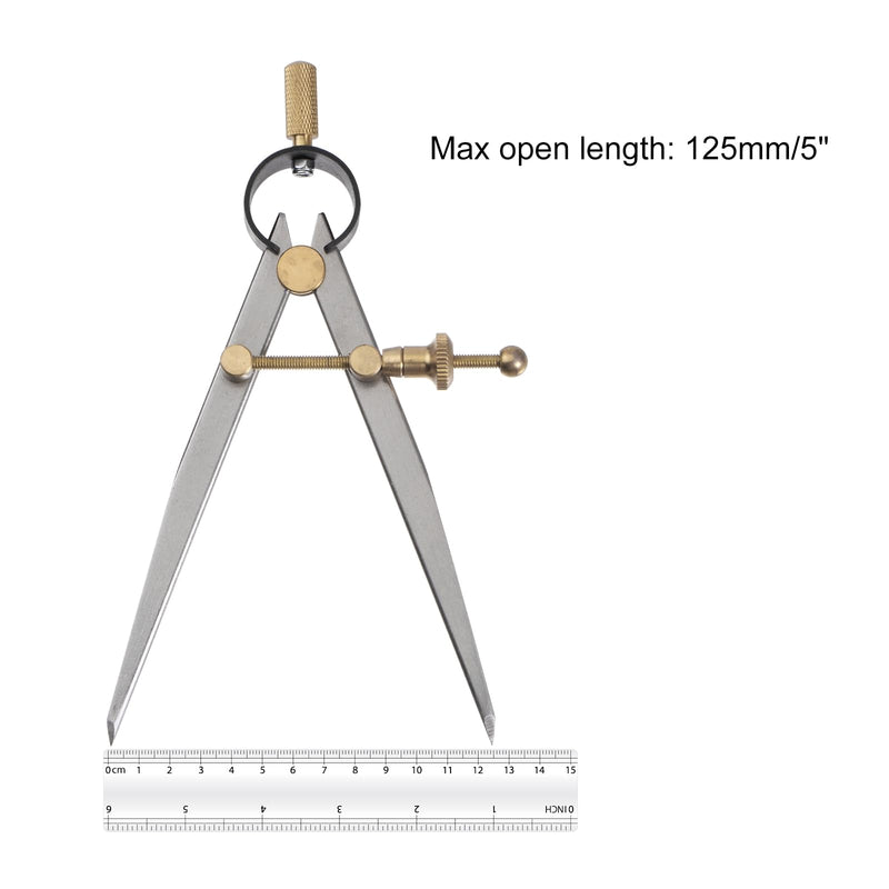 Spring Joint Caliper - [5 Inch] Carbon Steel Spring Divider Caliper with Brass Fulcrum for Metalworking Drawing Use, Flat Leg 5 Inch