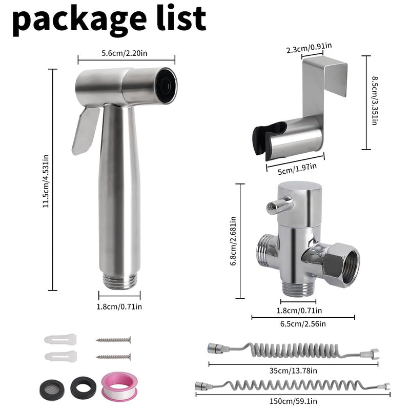 Handheld Bidet Sprayer for Toilet Kit,Stainless Steel Muslim Shower Toilet Bidet Faucets Attachment Set with T-Valve,Adjustable Water Pressure,Toilet Hose Sprayer,Cloth Diaper Spraye for Baby Wash Silver set