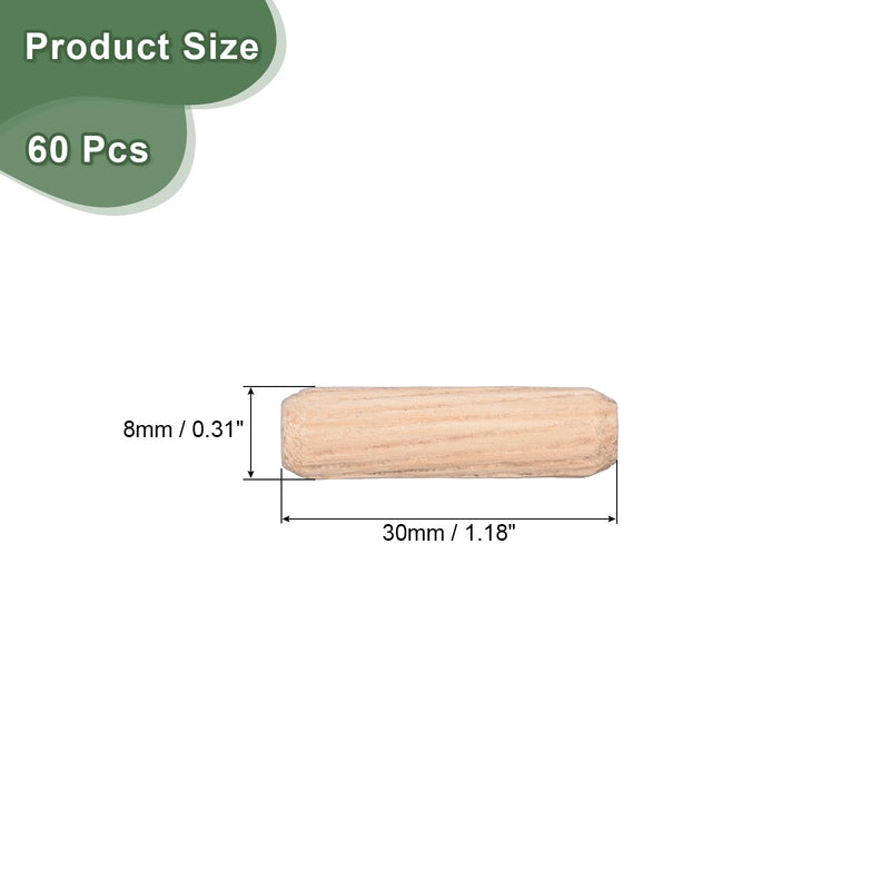 uxcell 60 Pcs Wooden Dowel Pins 8x30mm(0.31x1.18) Fluted Beveled Ends Wood Dowel Pegs Dried Hardwood for Woodworking Furniture Shelf
