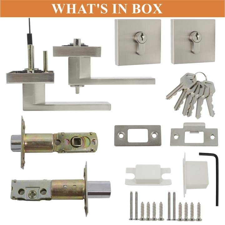 Probrico Square Entrance Lever with Double Cylinder Deadbolt Set Keyed Alike Combo Pack(for Office and Front Door), Heavy Duty Satin Nickel Entry Door Lockset for Right and Left Side, 1 Pack Brushed Nickel