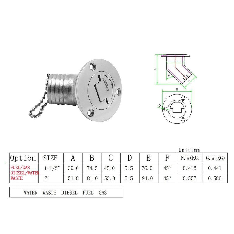 1.5" 38mm Angled Neck Marine Stainless Steel 316 Keyless Cap for Boat Yacht RV Trucks Tractors,Boat Hardware accessories Socket yacht with Rubber Gasket (Option: Gas, 1.5" /38mm) Option: Gas