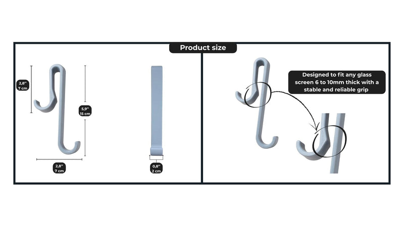 Universal Shower Hooks for Glass (6–10mm) - Extended 6” Hanging Hooks for Frameless Shower Doors, Frameless & Framed Shower Walls - Double Sided Hooks for Towels, Robes and Bathroom Accessories (Gray) Gray