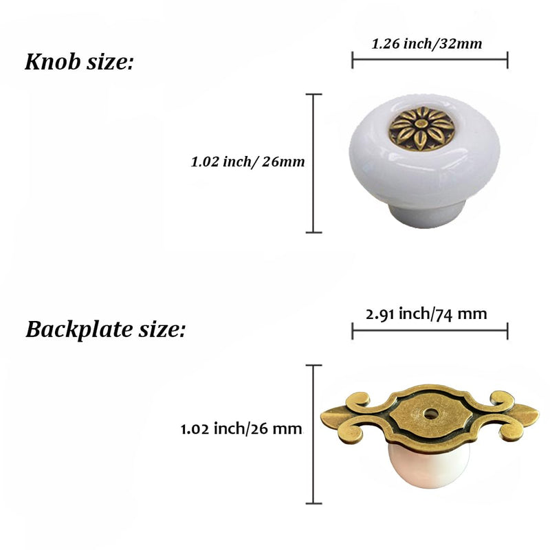 Retro Ceramic Cabinet Knobs, [12 Pack] Antique Vintage Dresser Knobs with Backplate, Drawer Pull Handles for Kitchen/Dresser Drawer/Cupboard/Wardrobe, White White-backplate 12 Pieces