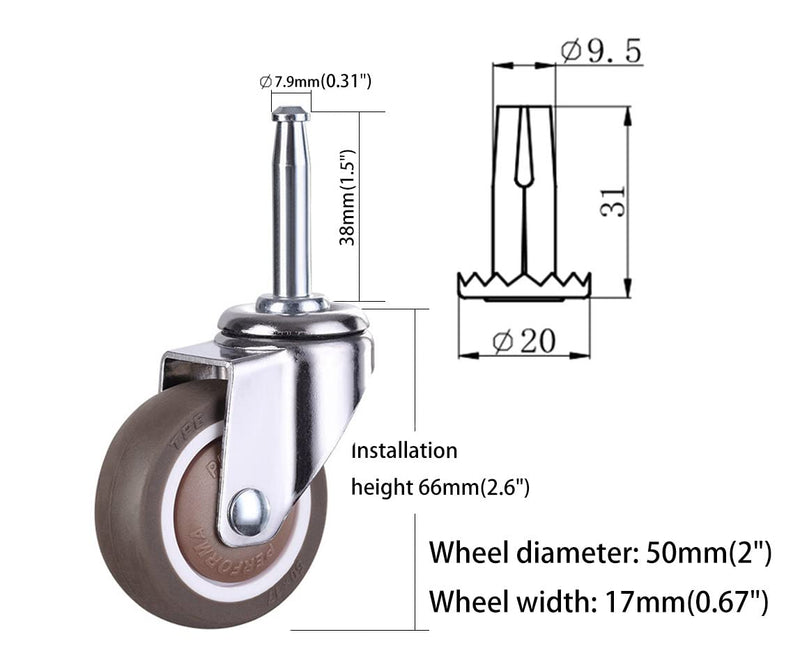 2 Inch Rubber Caster Wheel Set of 4 with 5/16" x 1-1/2" (8 x 38mm) Stem and 20mm Dia Sockets, for Furniture Crib Trolley Dining Car Casters 4 Without Brakes