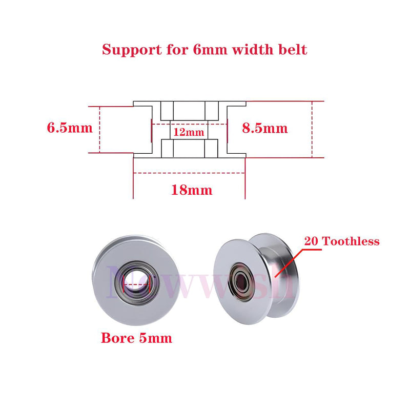 GT2 Idler Pulley 20 Toothless Bore 5mm Width 6mm 20T GT2 Idler 5mm Bore for 3D Printer 6mm Width GT2 Timing Belt.(10pcs) GT2 Idler 6mm Width