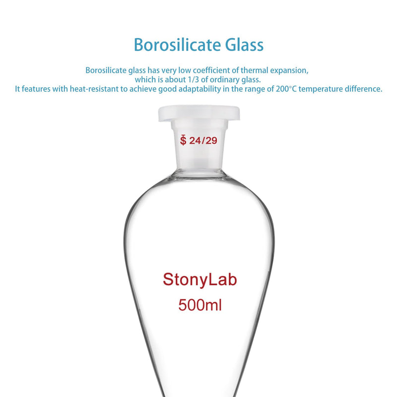 stonylab Separatory Funnel with Glass Stopcock Valve, Borosilicate Glass 24/29 Joint Funnel for Laboratory Accurate Liquid Separation, 500 ml 500.0 milliliters Round 1 Sep-Funnel-GlassStopcock-24/29-500ml