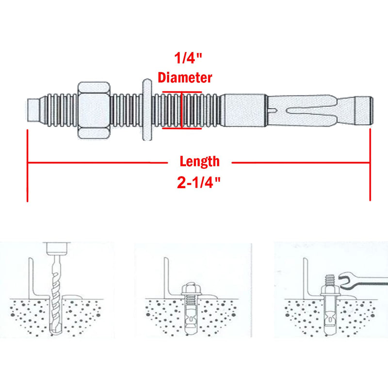 1/4" X 2-1/4" Concrete Anchor, 304 Stainless Wedge Anchor with Excellent Anti-Rust Performance, 304(18-8) Stainless Steel Concrete Anchors and Screws Kit (10pcs) 1/4" X 2-1/4"
