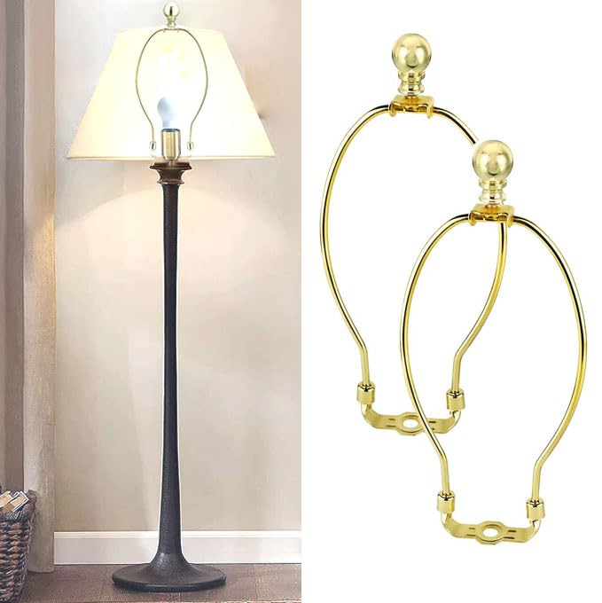 8 Inch Polished Brass Lamp Harp Holder with Lamp Finials And Standard Saddle Base ，1 Set Detachable Lamp Shade Bracket Holder, DIY Lighting Replacement Accessories for Table/Floor Lamps