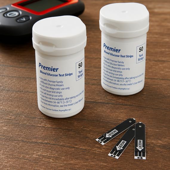 Blood Glucose Test Strips | 100 Count | Diabetic Supplies for Glucose Monitor | Accurate Blood Glucose Monitoring | Tiras para Medir la Glucosa, Compatible with Re Lion Premier Meters