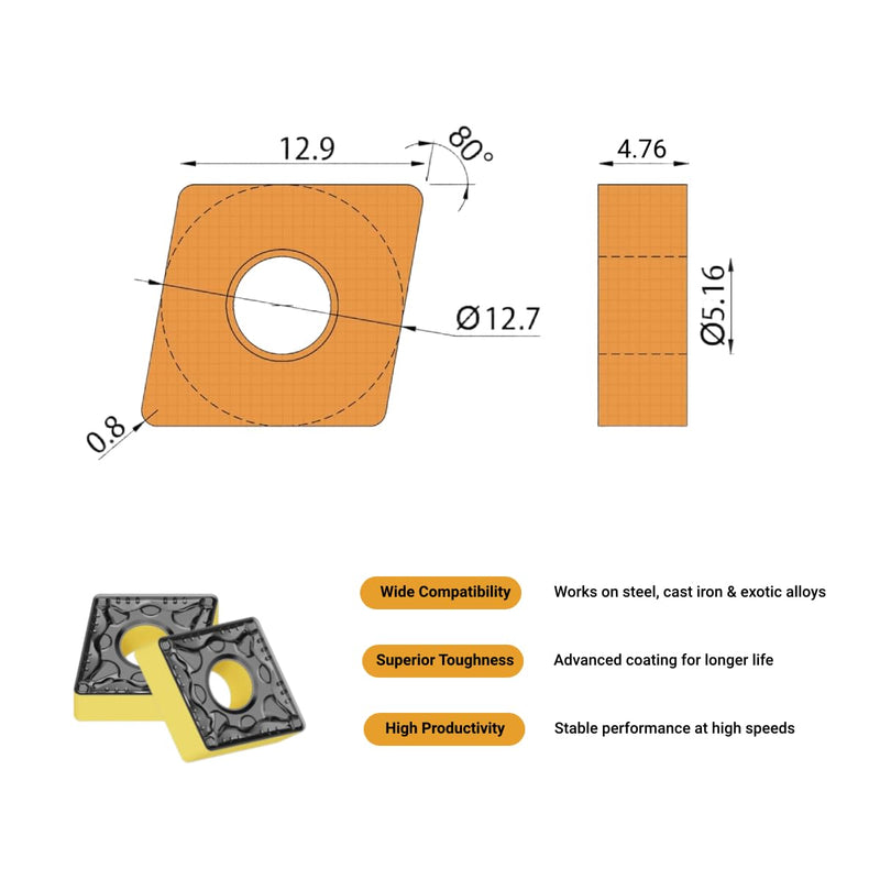 CNMG432 CNMG120408 Carbide Inserts for Steel CNC Turning, 10pcs | CNMG432 grade, CVD multi-layer coating, heavy roughing to semi-finish, fits MCLNR/L holders, for steel & cast iron CNMG120408-PM