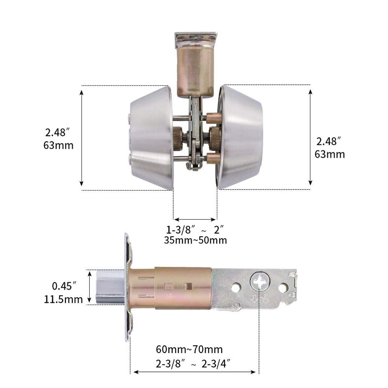 Double keyed Deadbolt Lock - Keyed on Both Sides, 2-Way Adjustable Cylinder Deadbolt (Privacy/Passage), Satin Stainless Steel (Silver, Single Cylinder) (Silver, Double Side)