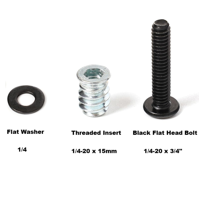 30 Sets 1/4-20 Furniture Threaded Insert and Bolt for Wood, 1/4 Screw Nut 15mm, Stainless Steel Black Oxide Flat Head Hex Bolts 1/4-20 x 3/4" Screws, 1/4-20 Black Washers 3/4" Bolts 15mm Threaded Insert