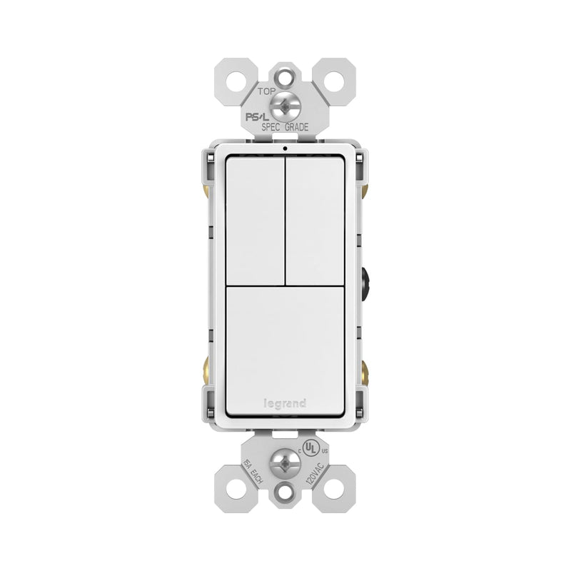 Legrand Radiant RCD113WCC6 15 Amp Combination 3-in-1 Decorator Rocker Light Switch, Two Single Pole Switches and One 3-Way Switch, White with Screwless Wall Plate (1 Count) 1 Pack With Wall Plate