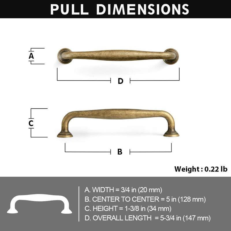 Antique Brass Cabinet Pulls, Vintage Zinc Alloy Drawer Handles for Kitchen and Dressers, Farmhouse Heavy Duty Cupboard Hardware (5 in, Set of 6) 5" Ceter to Center Antique Brass