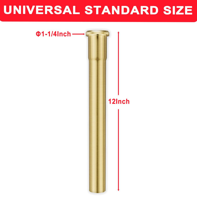 1-1/4 O.D x 12" Brass Slip Joint Extension Tube, Heavy Duty Extension Tube for Bathroom Sink Drain Tailpiece, Brushed Gold