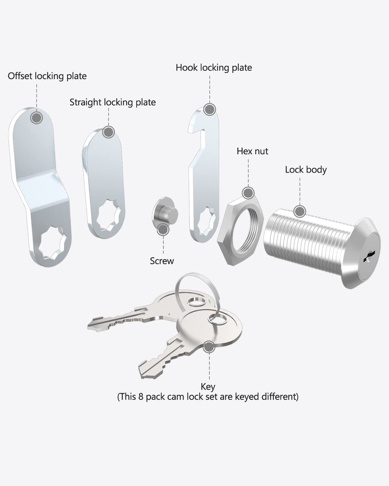 8 Packs Drawer and Cabinet Locks (Keyed Different) Secure Important Files, 1-1/8Inch 30mm Cam Locks with 3 pcs Different Lock Plates for Cabinet Cupboard File Drawer Mailbox Dresser Kitchen 30 mm