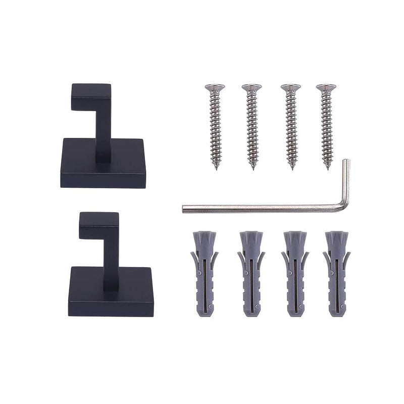 TASTOS Bath Towel Hooks Matte Black, 2 Pack Stainless Steel Robe Coat and Clothes Hook, Heavy Duty Wall Hook for Bathroom & Kitchen, Modern Square Style Wall Mounted (Black) Square Size