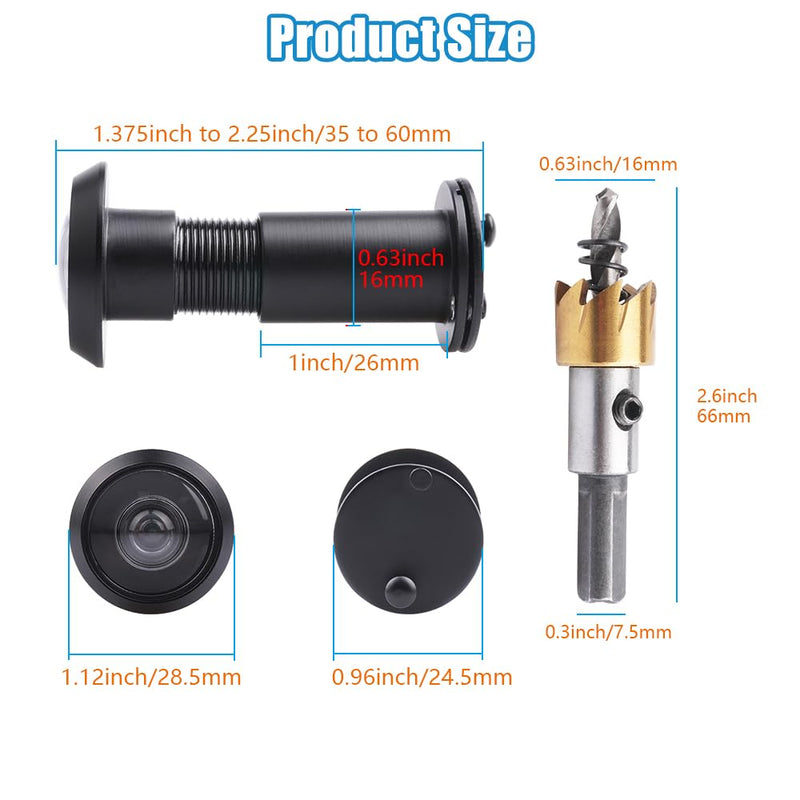 Door Viewer Peephole, Door Viewers with 0.63inch/16mm Drill Bit Kit, Fits 1-3/8" to 2-1/4" Front Door, 200 Degree Wide Angle Peep Eye Hole, Anti Peeping Reverse Privacy Covers - Matte Black