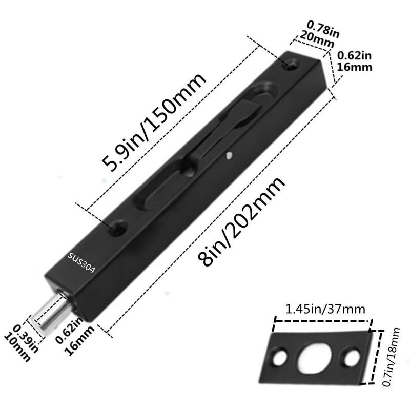 szhdxsy 2-Pack Hidden Latch & Bolt 304 Stainless Steel 8 inch(202cm) Security Door Bolt Latch, Double Door Lever Action Flush Bolt Latch, French Door Slide Bolt Lock,Black