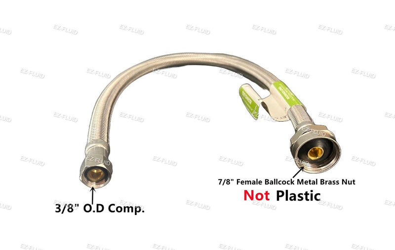 EZ-Fluid 16-Inch x 3/8" Female Compression x 7/8" Brass Female Ballcock Thread Metal Nut, Toilet Water Supply Connector Line Braided Stainless Steel Toilet Supply Line (1) 1 16-Inches - NewNest Australia