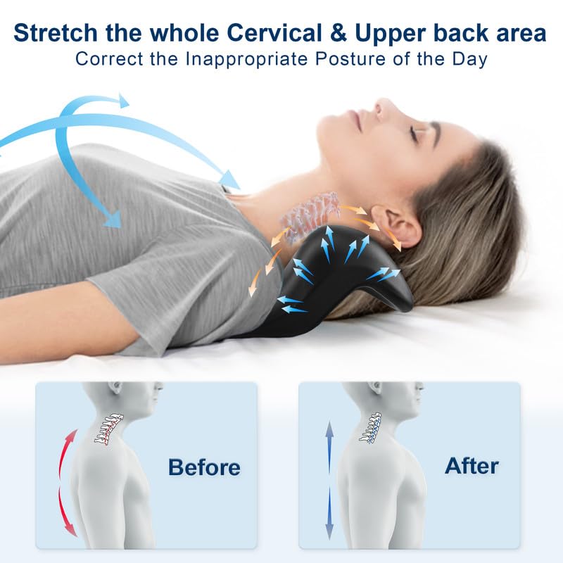Neck and Shoulder Relaxer with Upper Back Massage Point, Cervical Traction Device Neck Stretcher for TMJ Pain Relief and Cervical Spine Alignment Chiropractic Pillow (Black) Black
