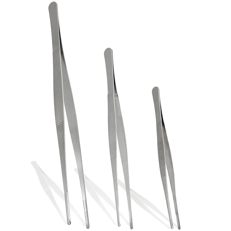 3Pcs Stainless Steel Tweezer Set (8" 10" 12"), Long Tweezers with Precision Serrated Straight Tips, Non-slip Multitool Tweezer for Cooking, Repairing, Medical, Garden 8" 10" 12" (1 Set)