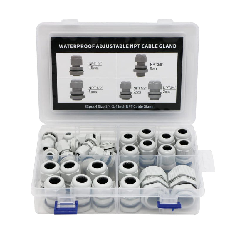 33PCS Cable Gland Waterproof Kit White IP68, Plastic Cable Connectors Black Nylon Adjustable 3-18mm with Locknut and Washer,Electrical Conduit Fitting 1/4” 3/8”1/2”3/4” Strain Relief Cord Grip 33pcs kit box