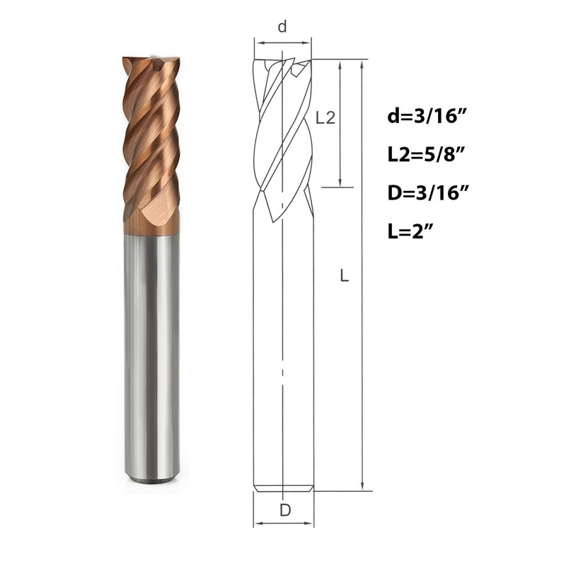 Carbide End Mill Set, 5Pcs 3/16 in Head & Shank 4 Flute TiAlN Coated End Mills, Milling Bits for Aluminum, Iron, Stainless Steel & Copper 5