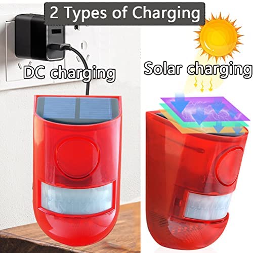 2 Solar with Sound Strobe Light, Wall Mounted Outdoor Motion Red Sensor Alarm, 4 Modes of Motion Sensor, Alarm 129dB for Home Fence Farm Yard Garage Barn