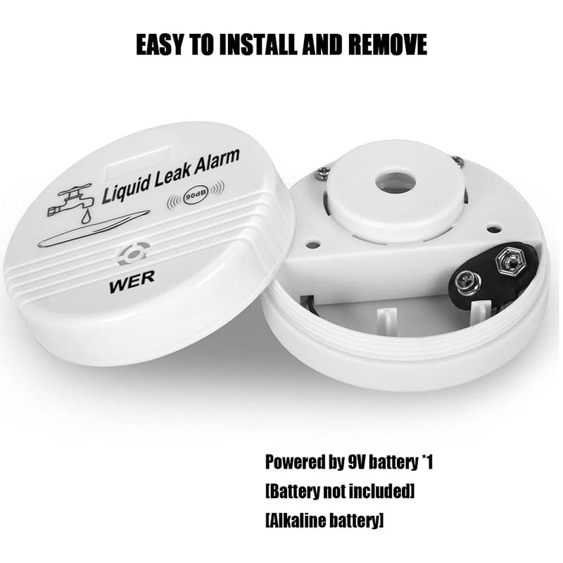 WER Water Leak Alarm Sensor, Battery Operated Leak Alert, 90dB Water Detector for Basements, Bathrooms, Laundry Rooms, Kitchens, Garages and All Office Areas (Shipped Without Battery, 4 Pack)