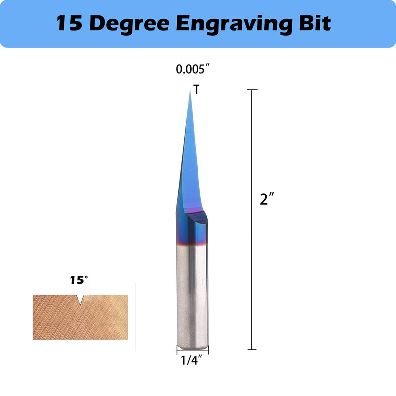 VIC027 CNC Router Bits 15&30 Degree Engraving Bits 0.005" Tip with 1/4 Shank Nano Blue Coat Solid Carbide V Groove Router Bit for Signmaking Carving (15&30 Deg 0.005" Tip 1/4" S*2" OVL, 2) 15& 30deg 0.005" Tip 1/4"S×2"OVL